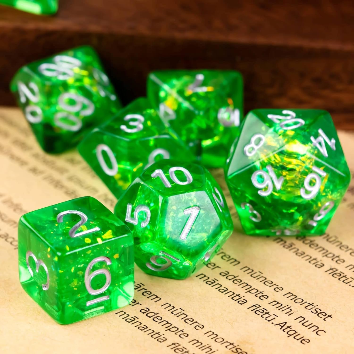 Polyhedral DND Dice Set, 7Die D&D Dice for Dungeons and Dragons, DND Dice for Mtg,Pathfinder,Board Games (Green with Silver Numbers)