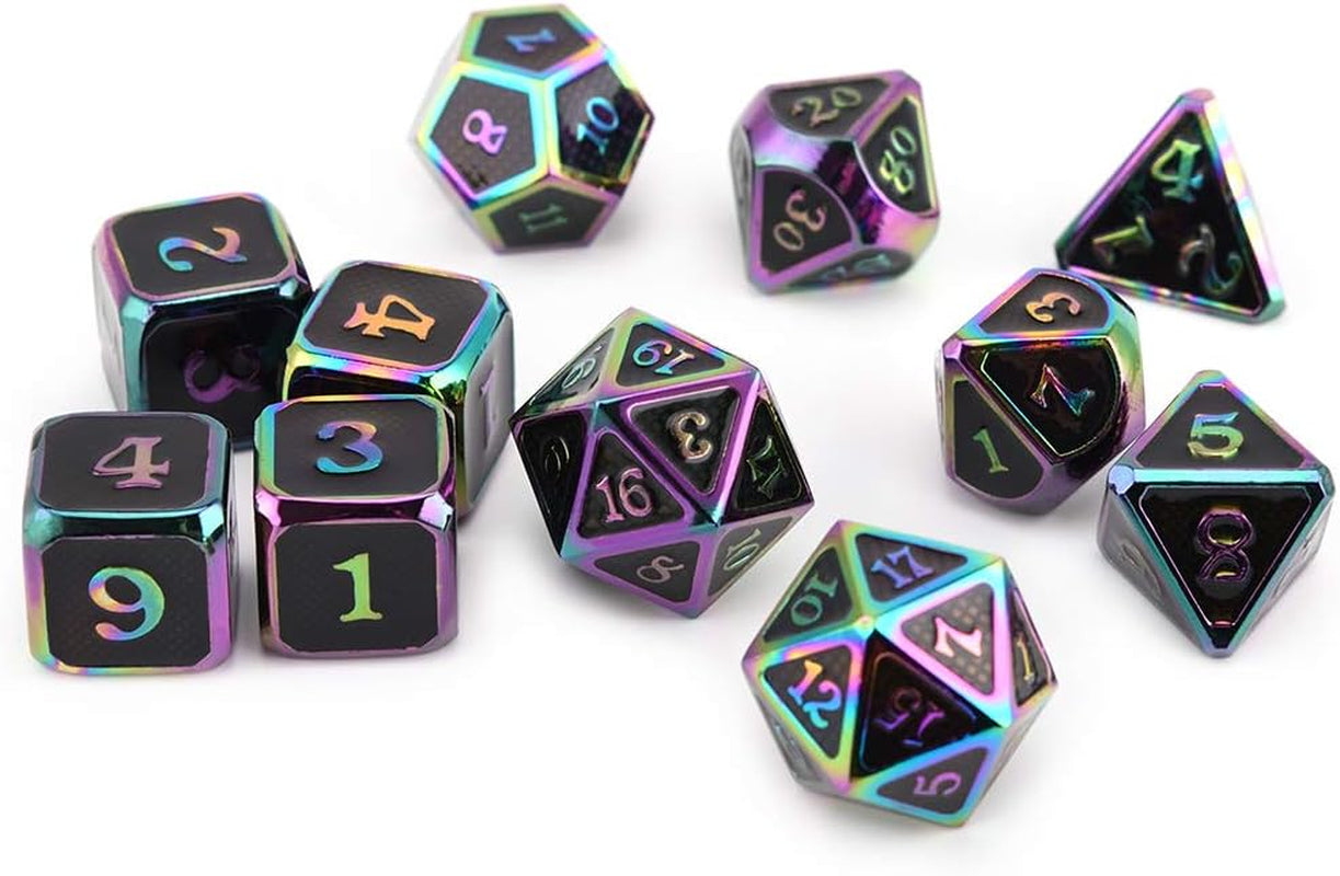 Rainbow Eldritch Cthulhu Scales Metal Dice Set 11 Polyhedral Dice with Metal Box for Dungeons and Dragons (D&D, DND 5 Edition) Call of Cthulhu Warhammer Shadowrun and All Tabletop RPG for Game Lovers.