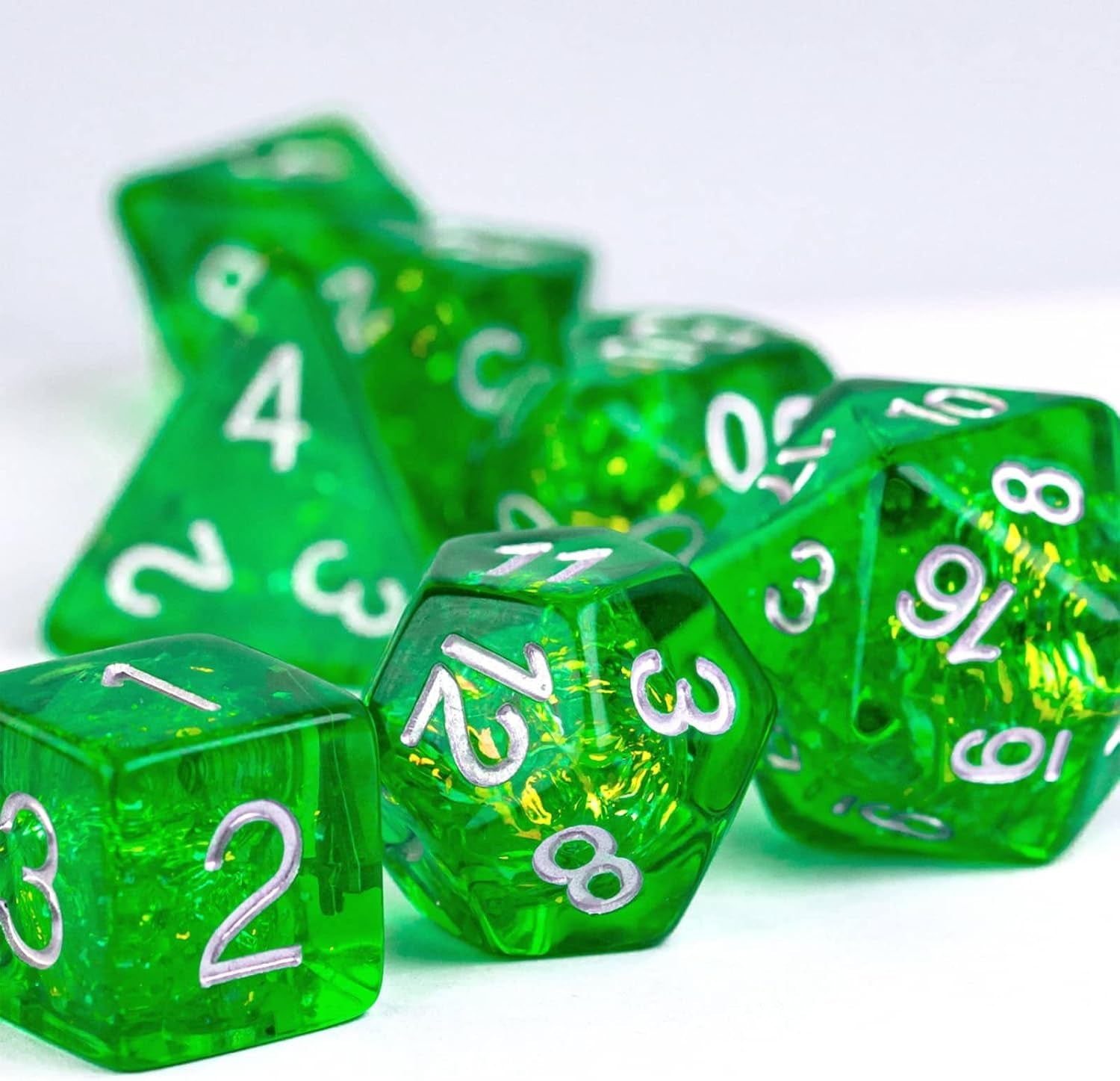 Polyhedral DND Dice Set, 7Die D&D Dice for Dungeons and Dragons, DND Dice for Mtg,Pathfinder,Board Games (Green with Silver Numbers)