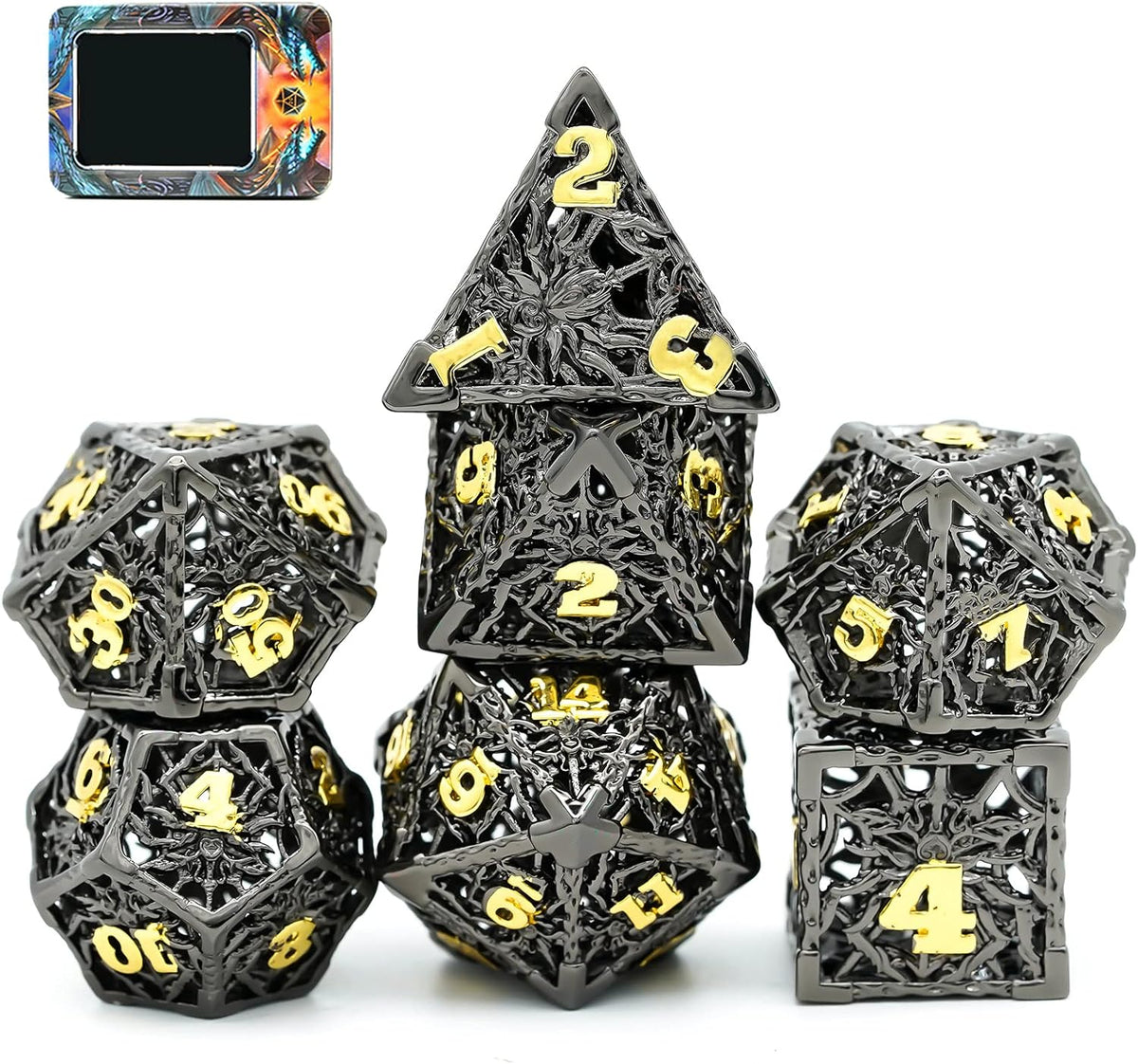 Metal Dice Set - D&D Dice Metal Hollow Spider for Role Playing Games, 7 Die Polyhedral Dice Set for Dungeons and Dragons MTG Pathfinder, RPG Dice Table Games for Party (Spider Black Golden)