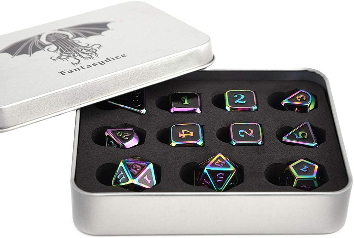 Rainbow Eldritch Cthulhu Scales Metal Dice Set 11 Polyhedral Dice with Metal Box for Dungeons and Dragons (D&D, DND 5 Edition) Call of Cthulhu Warhammer Shadowrun and All Tabletop RPG for Game Lovers.