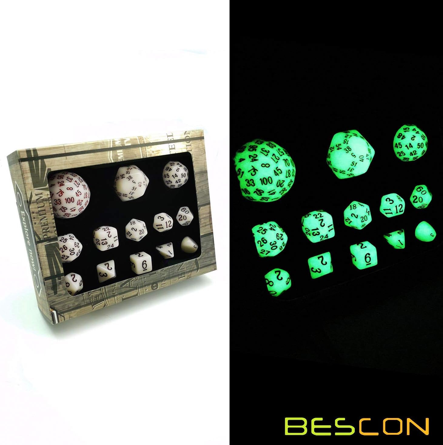 Bescon Super Glowing in Dark Complete Polyhedral RPG Dice Set 13Pcs D3-D100, Luminous 100 Sides Dice Set