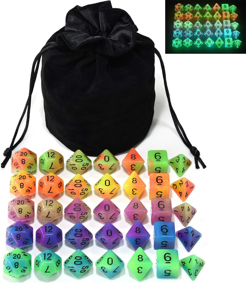 Double Color Glow in the Dark Dice Set 35 Pieces Polyhedral Dice for RPG DND MTG Games Include Black Velvet Pouch