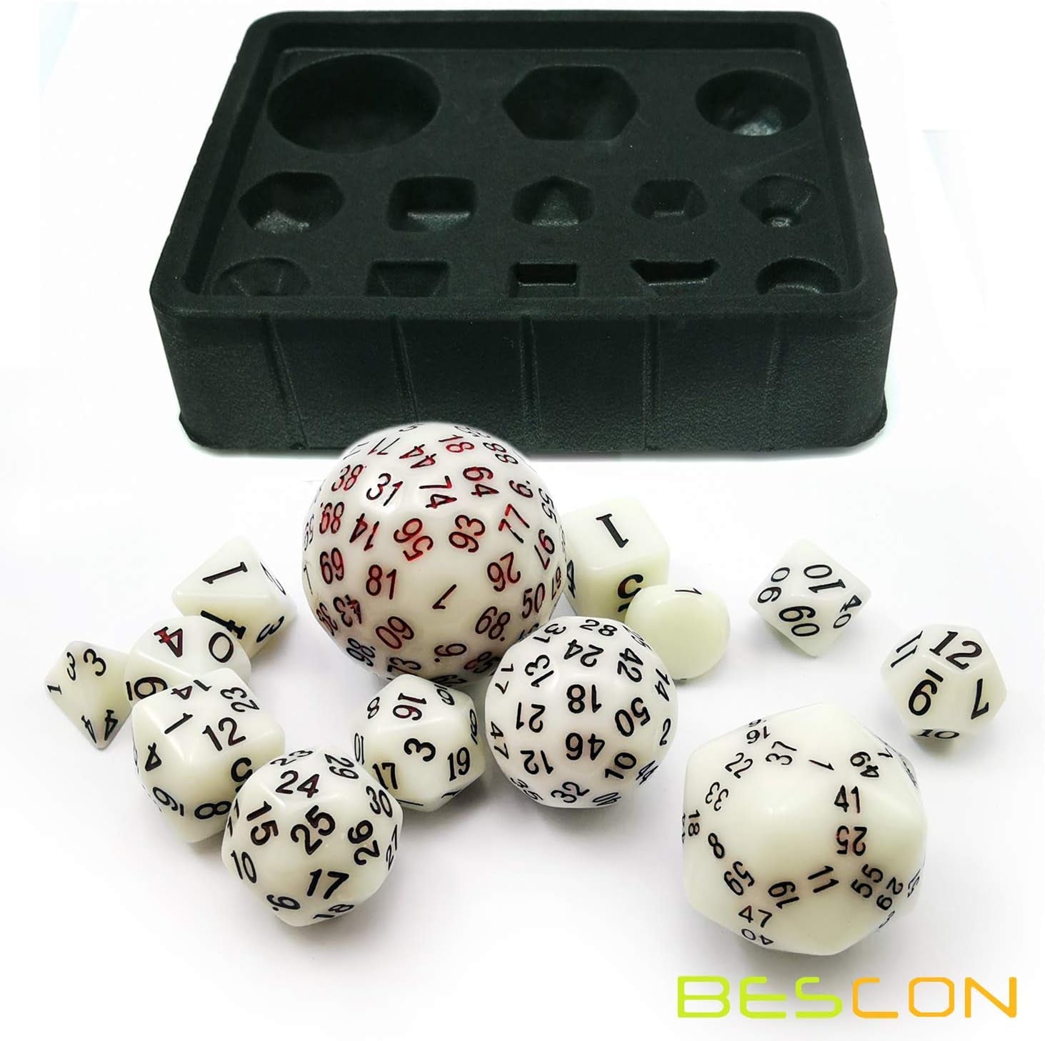 Bescon Super Glowing in Dark Complete Polyhedral RPG Dice Set 13Pcs D3-D100, Luminous 100 Sides Dice Set