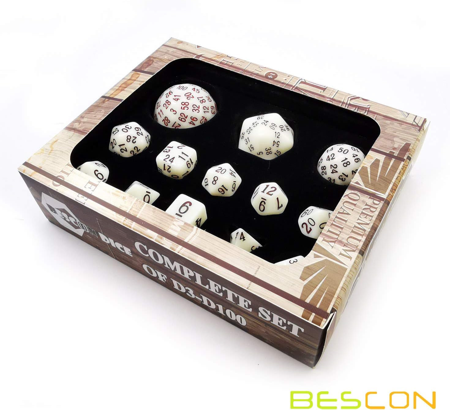 Bescon Super Glowing in Dark Complete Polyhedral RPG Dice Set 13Pcs D3-D100, Luminous 100 Sides Dice Set