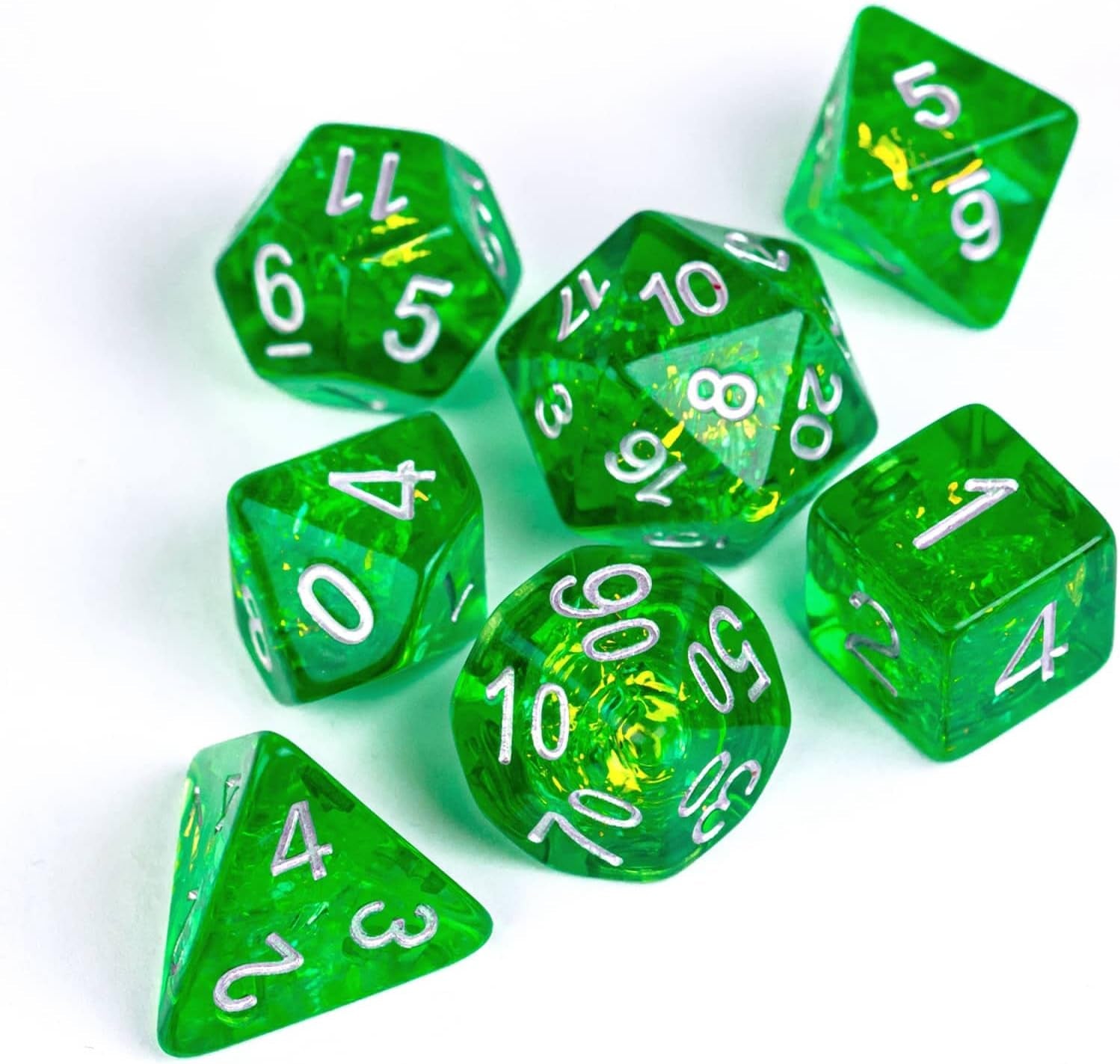 Polyhedral DND Dice Set, 7Die D&D Dice for Dungeons and Dragons, DND Dice for Mtg,Pathfinder,Board Games (Green with Silver Numbers)